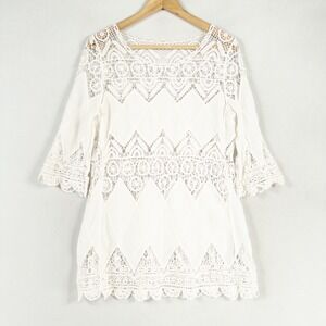 Womens Swim Cover Up Tunic Top Small White Crochet Lace Boho Coastal Festival